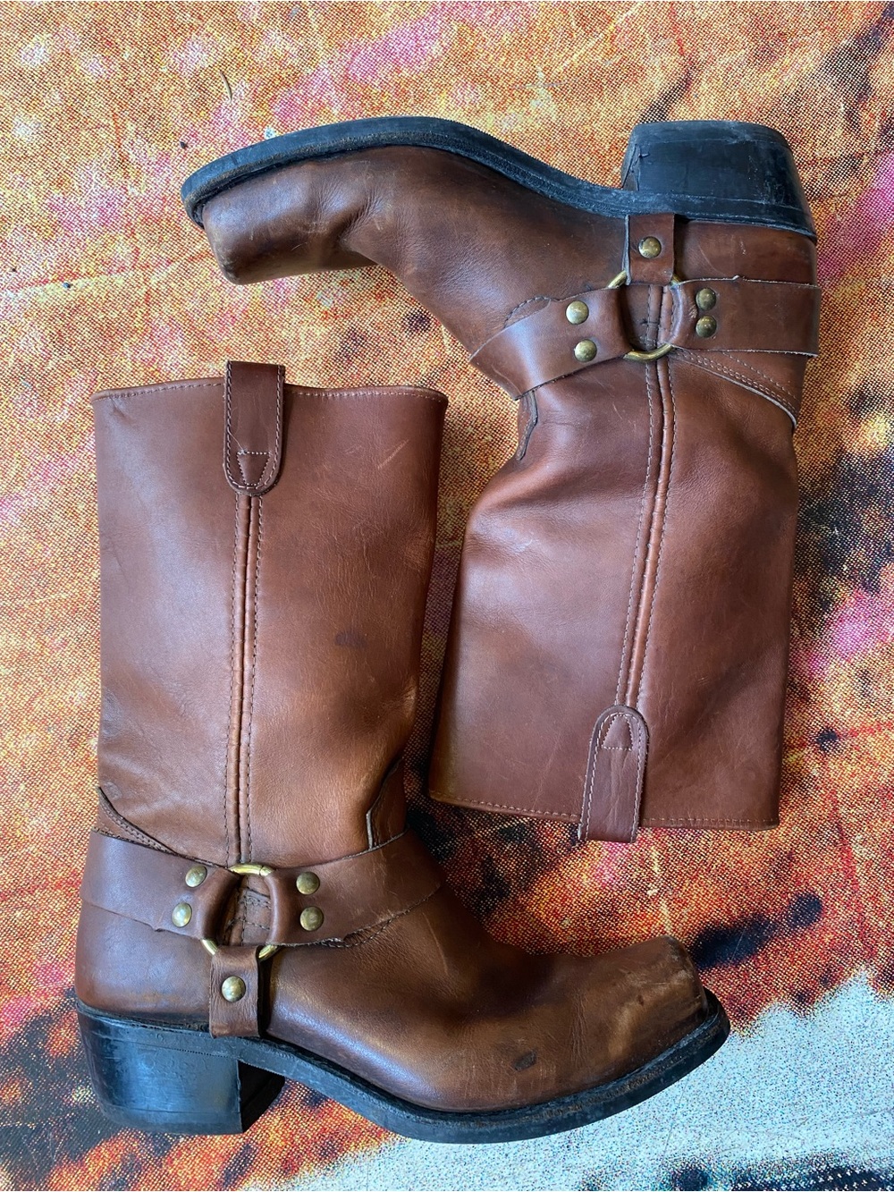 Men's Brown Leather Square Toe Harness Moto Boots
